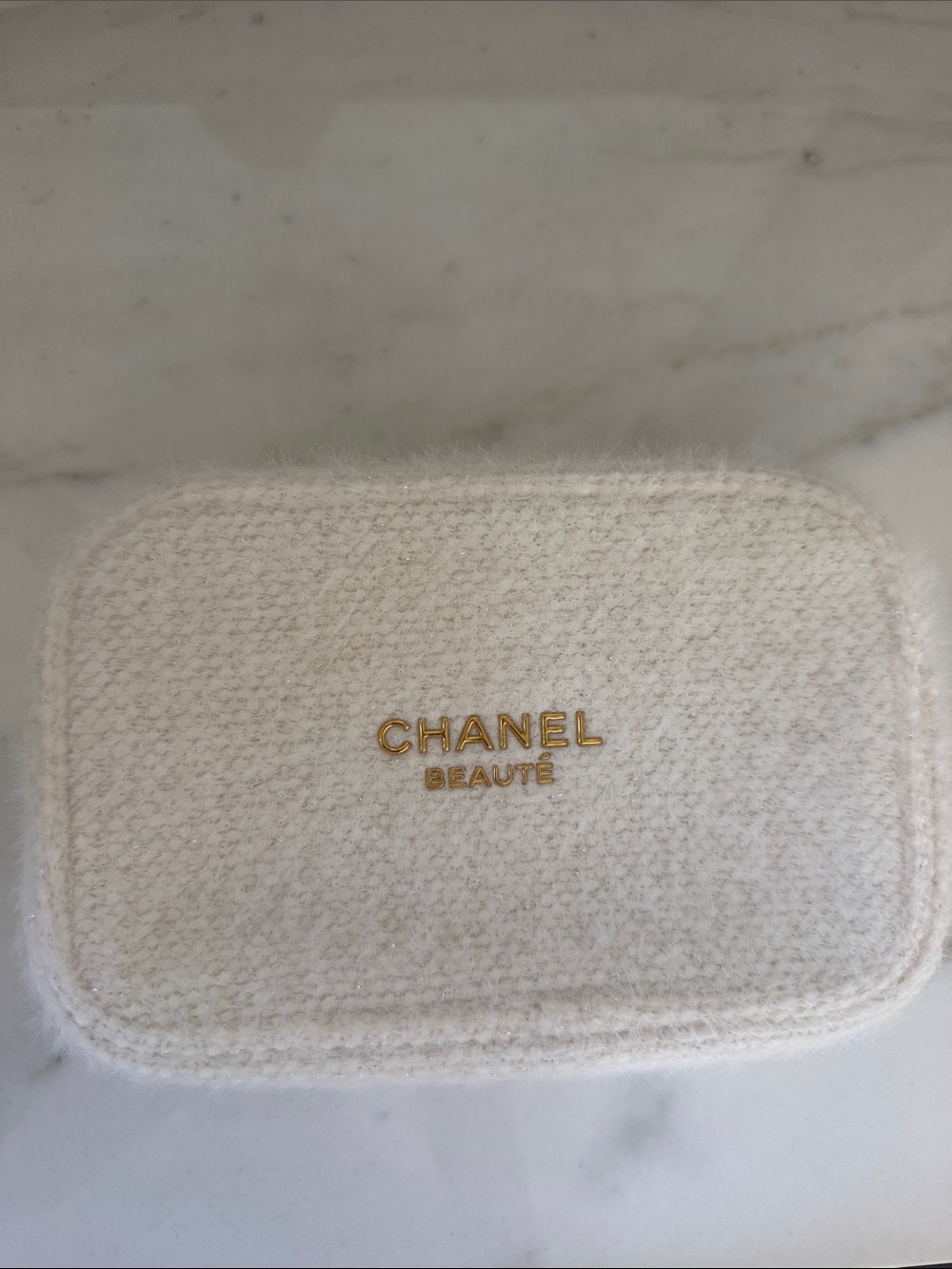 CHANEL Ivory Tweed Cosmetic Case with Gold Logo